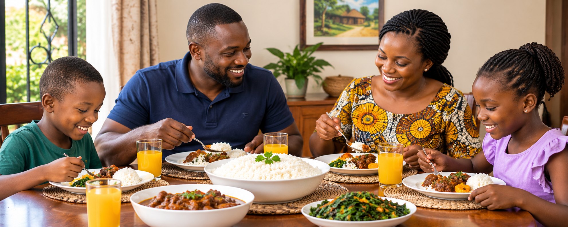 A family enjoying a meal of rice and stew together at home