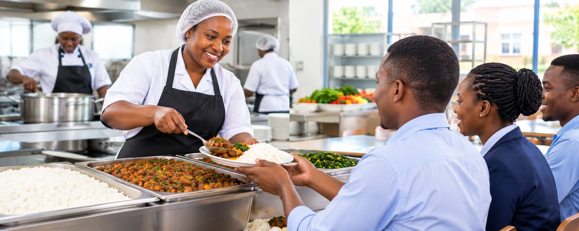 A canteen cook serving rice and stew to staff at an institution