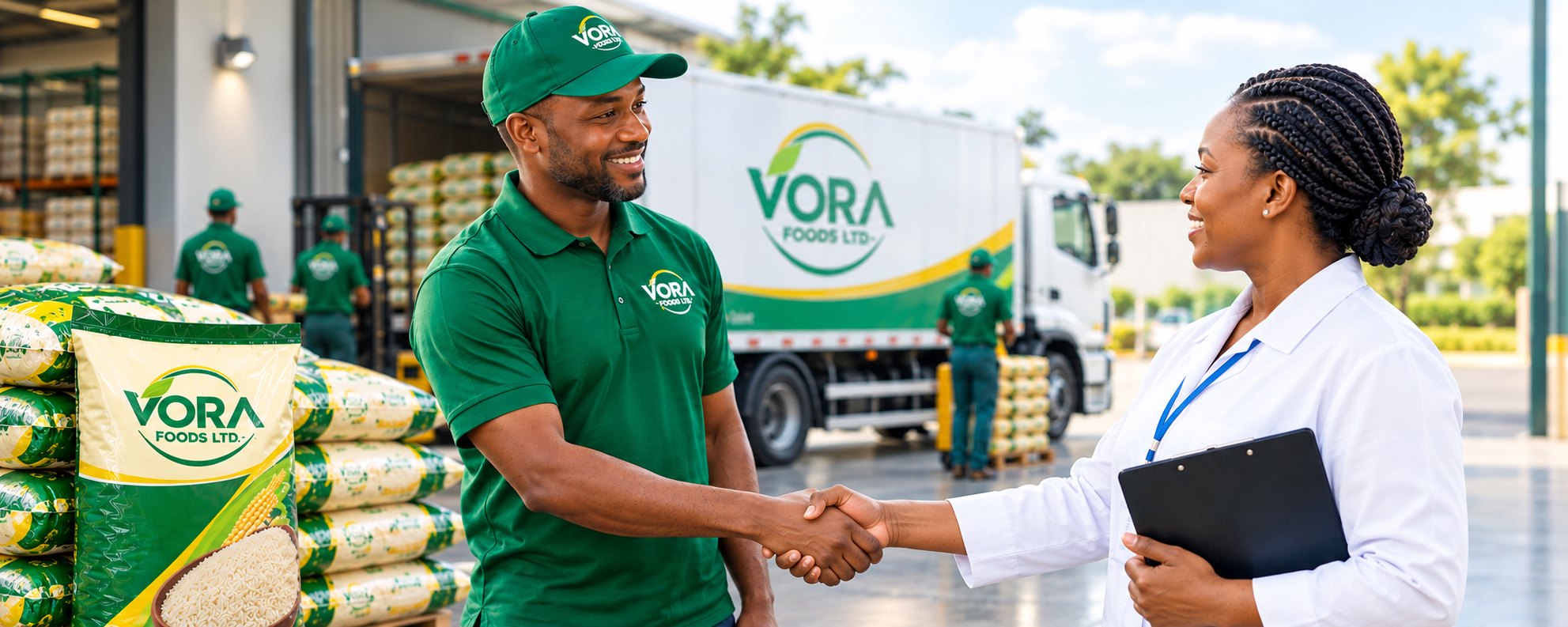 A VORA team member shaking hands with a trade partner beside a VORA delivery truck