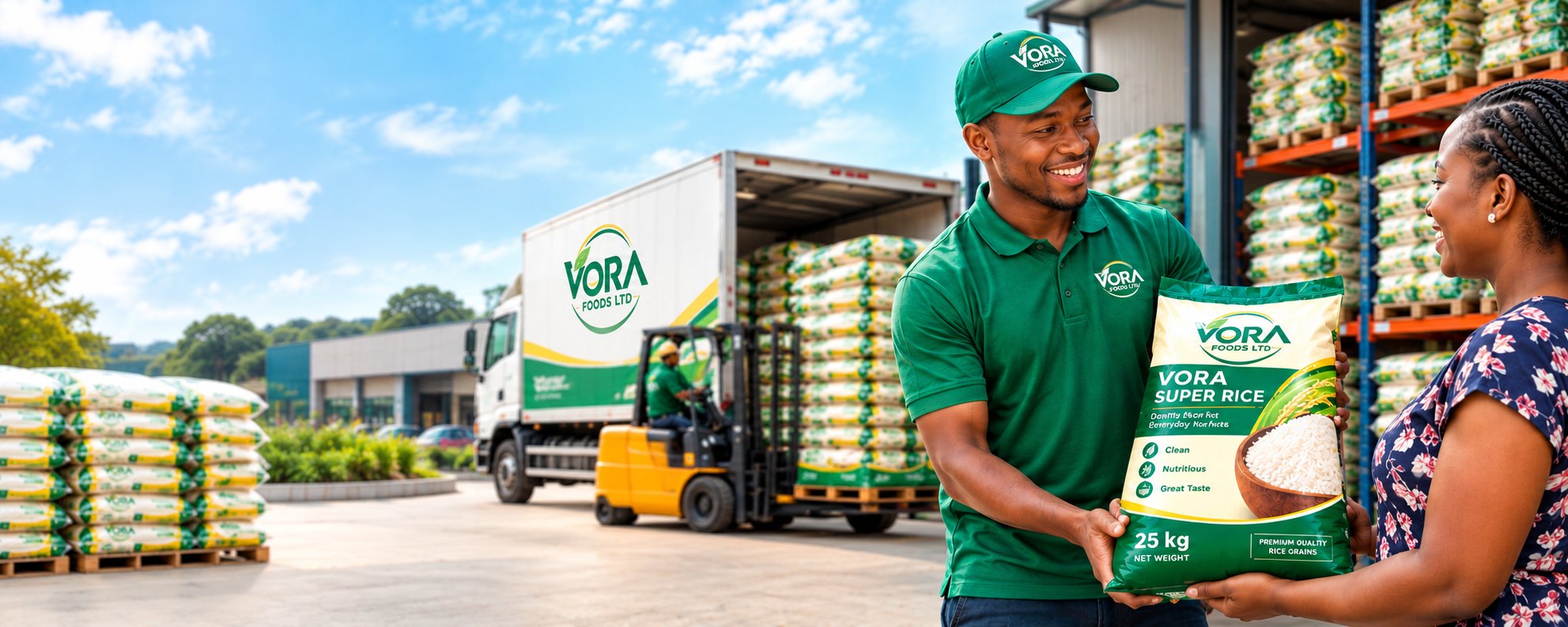 A VORA team member handing a bag of VORA Super Rice to a customer, with a VORA delivery truck behind
