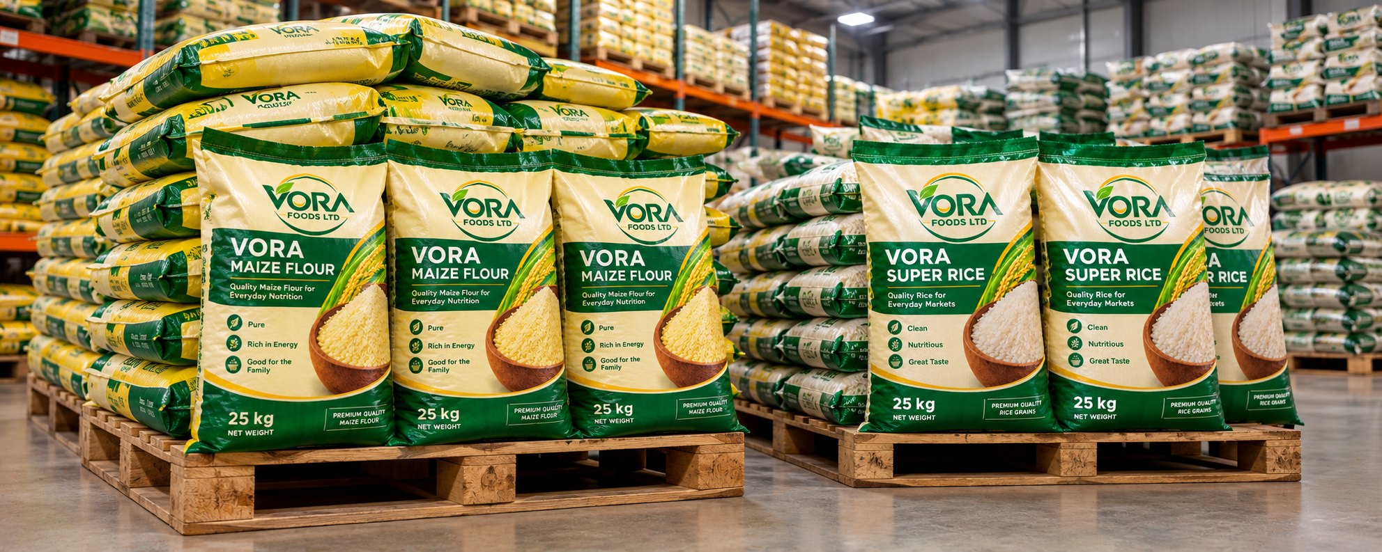 Pallets of VORA Maize Flour and VORA Super Rice bags in a warehouse