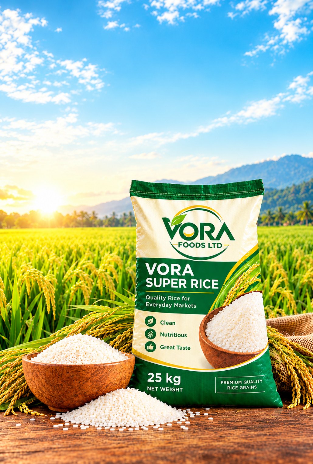 A 25kg bag of VORA Super Rice and a bowl of rice in a golden rice field