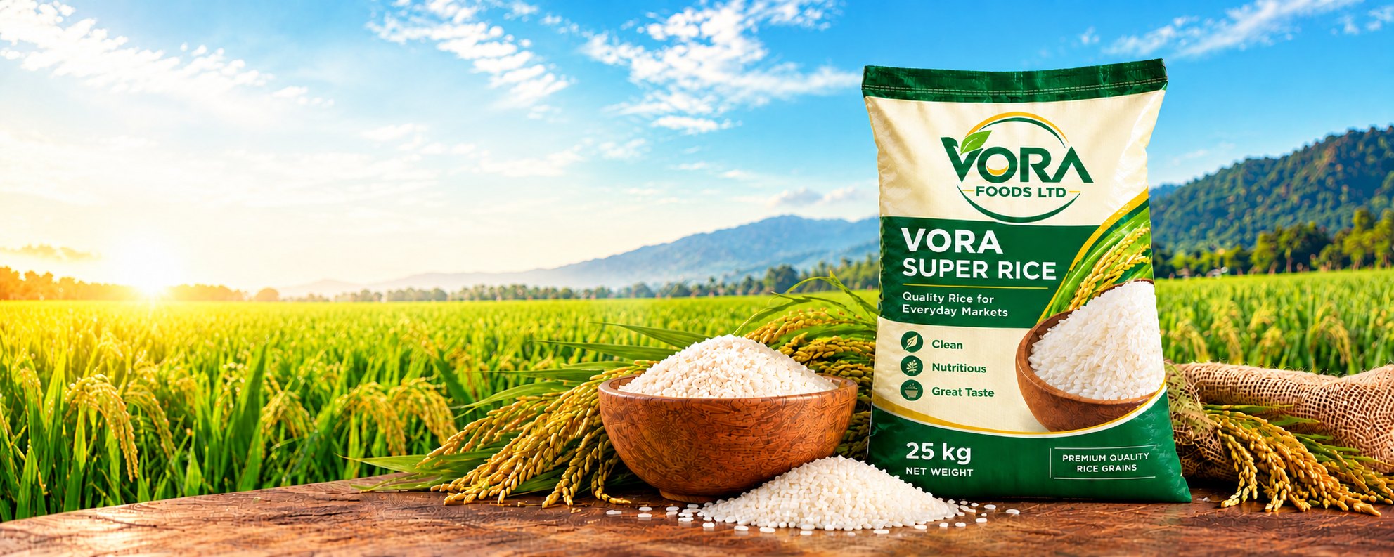 A 25kg bag of VORA Super Rice and a bowl of rice in front of a rice field